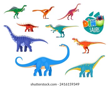 Personajes aislados de dinosaurios. Dinosaurio extinto, reptil prehistórico o lagarto. Anquisauro, Zephyrosaurus, Kentrosaurus y Barapasaurus, Monolophosaurus, personajes vectores de Dubreuillosaurus