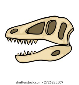 Ilustração isolada do vetor do crânio do dinossauro do desenho animado com dentes afiados e soquetes oculares vazias