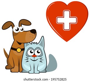 isolated cartoon dog and cat with medical heart and cross