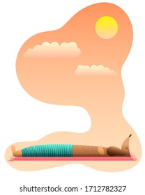 Isolated Cartoon dog in shorts sunbathes in the sun and lies on the rug. Dachshund lies on the beach. Vector flat stock illustration. Rest, tourism, travel and vacation concept.  Design for t-shirts.