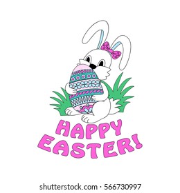 Isolated cartoon doodle rabbit with hearts and word Love  for greeting or invitation valentine card, sticker, decorate romantic holiday, party, wall of kids room, home, stationery. eps 10.