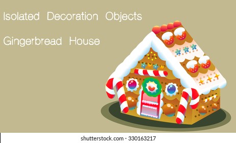 Isolated cartoon drawing gingerbread house object EPS file. Movable decoration items, candy cane, frosting icing sugar for your custom design. Holidays gift idea for kid. Merry Christmas greeting card