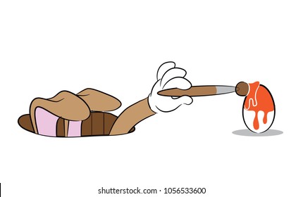 Isolated cartoon Easter bunny coloring an egg through a hole in the ground. EPS10 vector illustration.