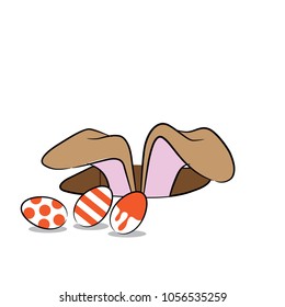Isolated cartoon Easter bunny hiding in a hole in the ground behind Easter eggs. EPS10 vector illustration.