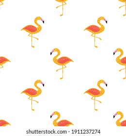 Dibujo aislado de un patrón exótico sin fisuras con adorno flamingo de color amarillo y rojo dibujado a mano. Diseño gráfico para envolver texturas de papel y tela. Ilustración vectorial.