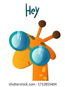 Isolated Cartoon face giraffe in sunglasses in hand-drawn style on a white background. Happy birthday greeting card. Vector stock flat illustration. Design T-shirts. 