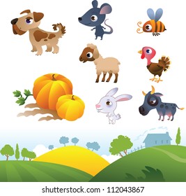 Isolated cartoon farm animals on white background and farm landscape