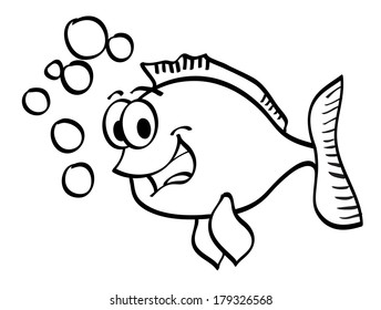 Isolated cartoon fish was smiling happily with water bubbles. Vector illustration on white background.