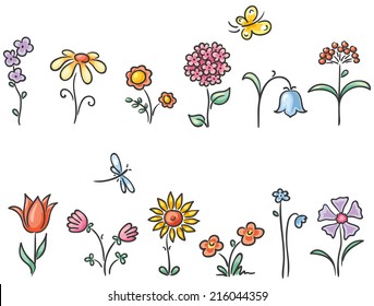 Isolated cartoon flowers of different kinds