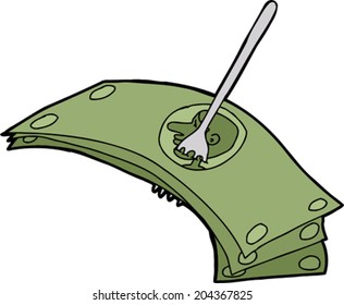 Isolated cartoon of fork stuck in dollar bills
