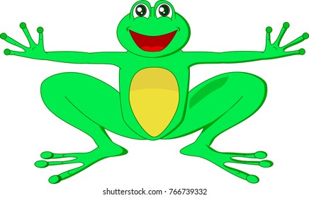 Isolated cartoon frog, widely clapping it`s paws and sitting.