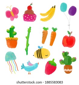 isolated cartoon of fruit and animal vector illustration. clip ar set for greeting card, anniversary, web banners, social and print media