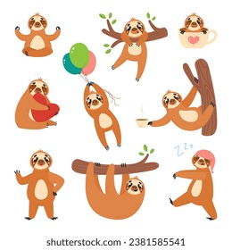 Isolated cartoon funny sloth characters. Asleep, hanging and meditation sloths. Wild animal baby mascots, cute classy lazy animals vector clipart