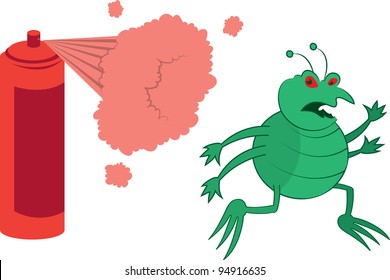 Isolated cartoon green bug running away from spray