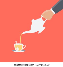 isolated cartoon human hand clean simple of business man or male Pours a tea from a tea service set teapot flat design style vector to a glass or cup of tea with a saucer on red background 