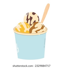 Helado de dibujos animados aislados con tres bolas coloridas en caja de abono con una cuchara en un estilo vectorial plano sobre fondo blanco. La comida de verano.