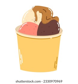 Helado de dibujos animados aislados con tres bolas coloridas en caja redonda amarilla en un estilo vectorial plano sobre fondo blanco. La comida de verano.