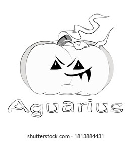 Isolated cartoon icon and text on white background. Zodiac sign Aquarius. Monochrome vector illustration. Use for astro-forecasting, like coloring pages.