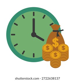 Isolierte Cartoon-Illustration einer Uhr, Dollarmünzen und einer Geldtasche, um zu veranschaulichen, dass Zeit Geld ist. Kann für finanzielle Business-Themen-Icons und Einkommen Motivationsbilder verwendet werden.