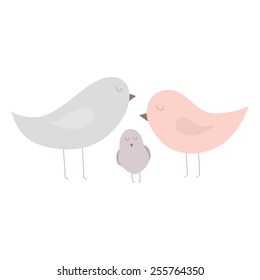 Isolated cartoon illustration: cutest family of birds. Happy parents and boy.