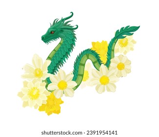 Isolated cartoon illustration of green serpent on beautiful white and yellow flowers. Mythology animal. fantasy creature. icon of china zodiac dragon sign of 2024