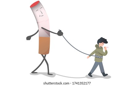 isolated cartoon illustration of a man addicted to cigarettes. no tobacco day, the concept of an addict. flat graphic design