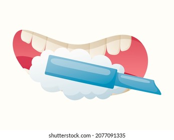 Isolated cartoon illustration of oral cavity, brushing teeth, toothbrush, toothpaste and foam.