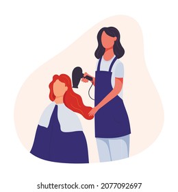 Isolated Cartoon Illustration Of People In The Barbershop. Women In A Beauty Salon, Hairdresser Dries Hair With A Hairdryer.