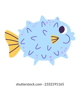 Isolated cartoon inflated blue marine puffer fish with spots in hand drawn flat style on white background.