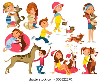 Isolated cartoon kids and animals set with happy children and joyful dogs on blank background flat vector illustration