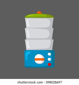 Isolated cartoon kitchen steamer on white background. Kitchen home appliances. Healthy food concept. Vitamins preservation in kitchen steamer. Vector kitchen appliances for healthy food. Steamer