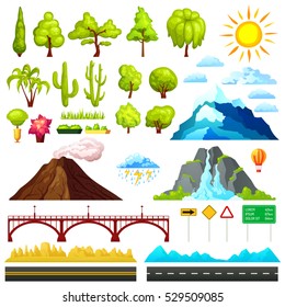 Isolated cartoon landscape constructor set with sample trees mountains clouds bridges and road signs for combining vector illustration