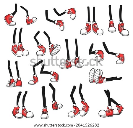 Isolated cartoon legs, comic foot in red sport shoes. Vector stick feet in sneakers walk, stand and jump, run, lying, fall down. Isolated leg, foot body parts front, side, rear view, limb in footwear