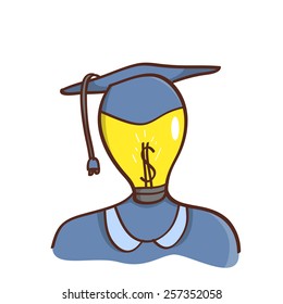 Isolated cartoon light bulb head college graduated