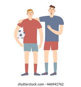 Isolated cartoon  male friends with football ball.   Characters illustrations for your design.