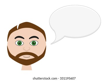 Isolated cartoon man with beard, brown hair and green eyes with blank speech bubble