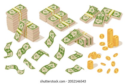 Isolated cartoon money cash. Dollars bundle, financial dollar bills. American currency, flying green banknotes. Prosperity wealth exact vector set