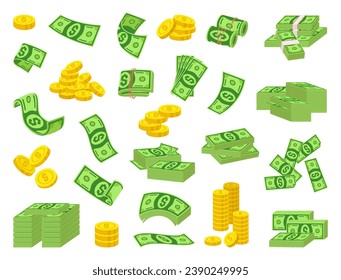 Isolated cartoon money coins and banknotes. Dollars pile and stack, fan and flying. Dollar bill collection, banking and investment neoteric vector set