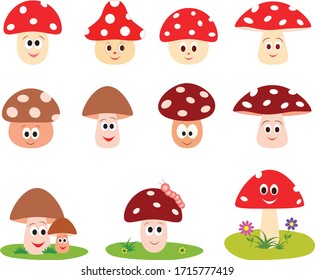 Isolated Cartoon Mushrooms Vector Illustrations