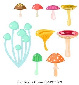 Isolated cartoon mushrooms vector on white. Fungus, amanita, russule and saffron milk cap clip art. Forest magic fungus, game asset.