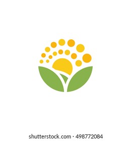 Isolated cartoon nature landscape with meadow logo. Summer sunset,sunrise, countryside panorama. Round shape natural environment logotype. Green color leaves and bright flower petals icon