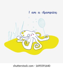 Isolated Cartoon Octopus Playing Badmenton. the octopus is holding a racket. octopus in water on a background of algae. sports games. red cheeks.