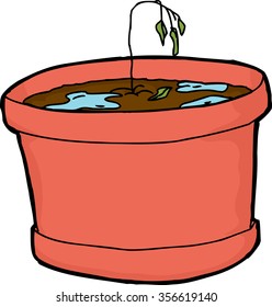 Isolated cartoon over-watered houseplant with wilted seedling