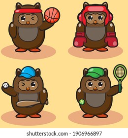 Isolated cartoon owls, vector sport set. Set of Cute Cartoon Owls. Set of cartoon owls with various emotions. Good for icon, logo, label, sticker, clipart.