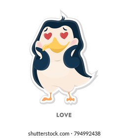 Isolated cartoon penguin in love on white background.