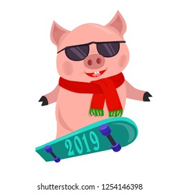 Isolated cartoon piggy, symbol year 2019 skating on the board. Kids book illustration skateboarding piggy.