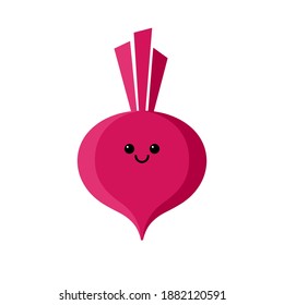 Isolated cartoon pink beetroot with kawaii face on white background. Colorful friendly purple beet vegetable. Cute funny personage. Flat design. For children product.