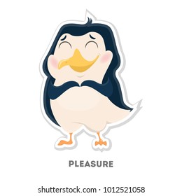 Isolated cartoon pleasured penguin on white background.