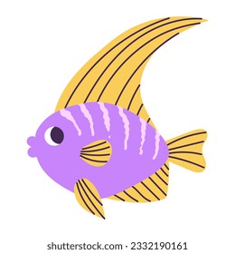 Isolated cartoon purple marine angelfish with stripes in hand drawn flat style on white background.