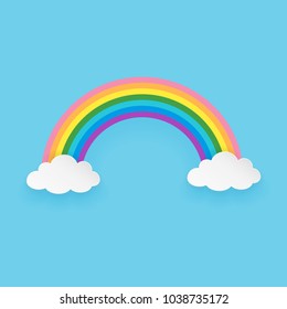 Isolated cartoon rainbow with clouds on the blue background. Paper art style. Minimal and clean design. Vector illustration. 